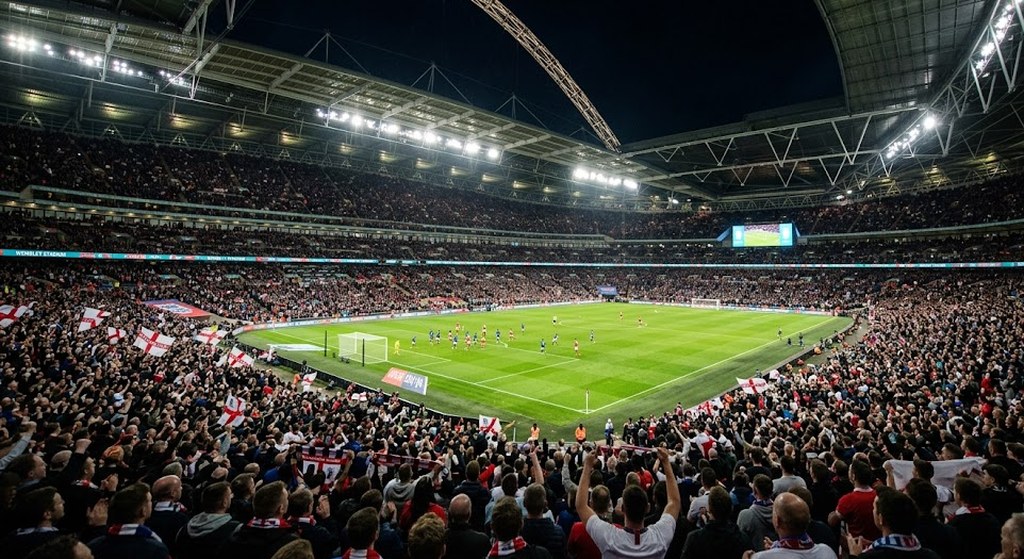 A packed stadium under floodlights at night, fans in scarves waving flags across the stands as a match plays out on the bright green pitch below.