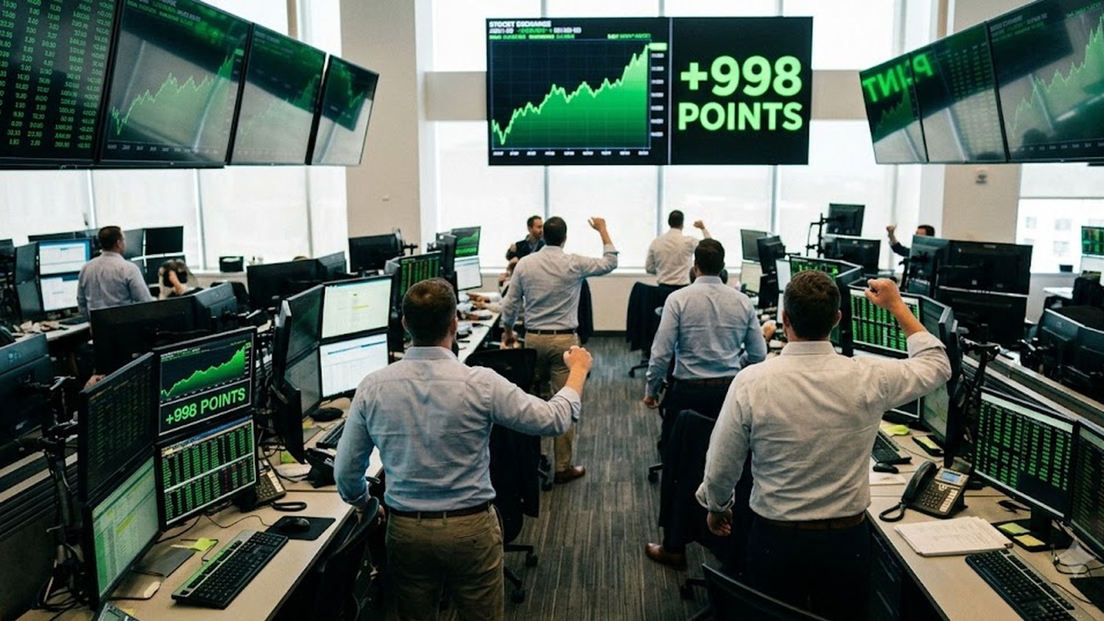 Traders stand and watch rows of green-lit monitors and big overhead screens across a wide, bright trading room, some raising their arms.