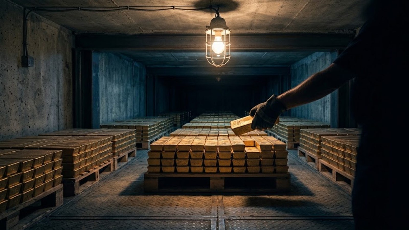Rows of gold bars stacked on pallets in a dim concrete vault under a caged work lamp, a gloved hand lifting one bar into the light.