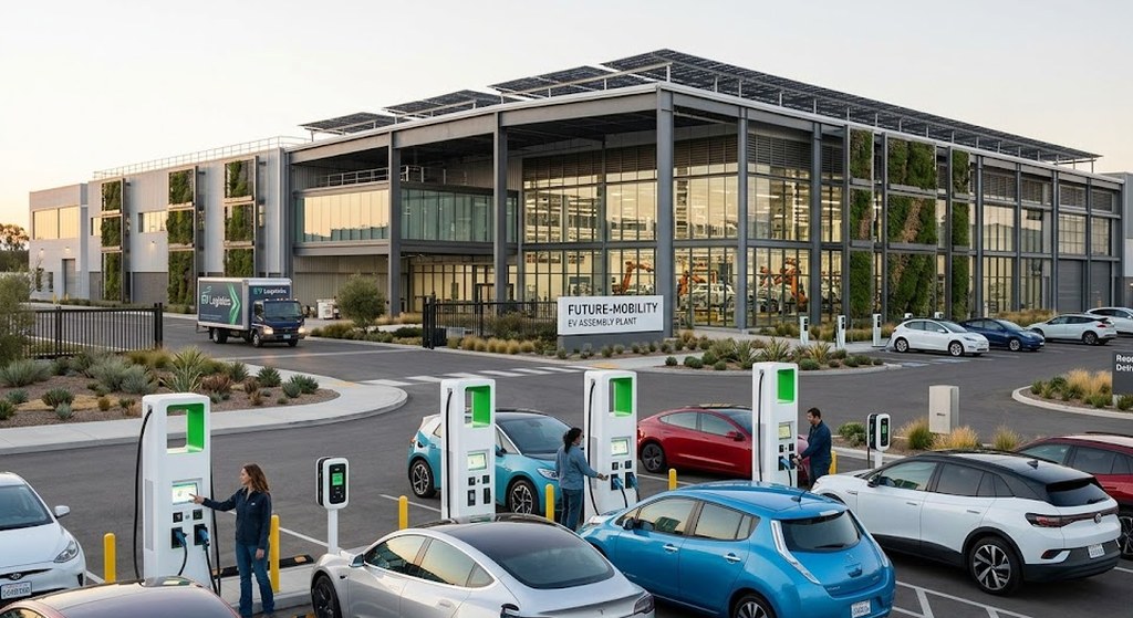 A long, low glass-and-steel company building with solar panels on the roof stands in morning light, cars charging in rows in the parking lot.