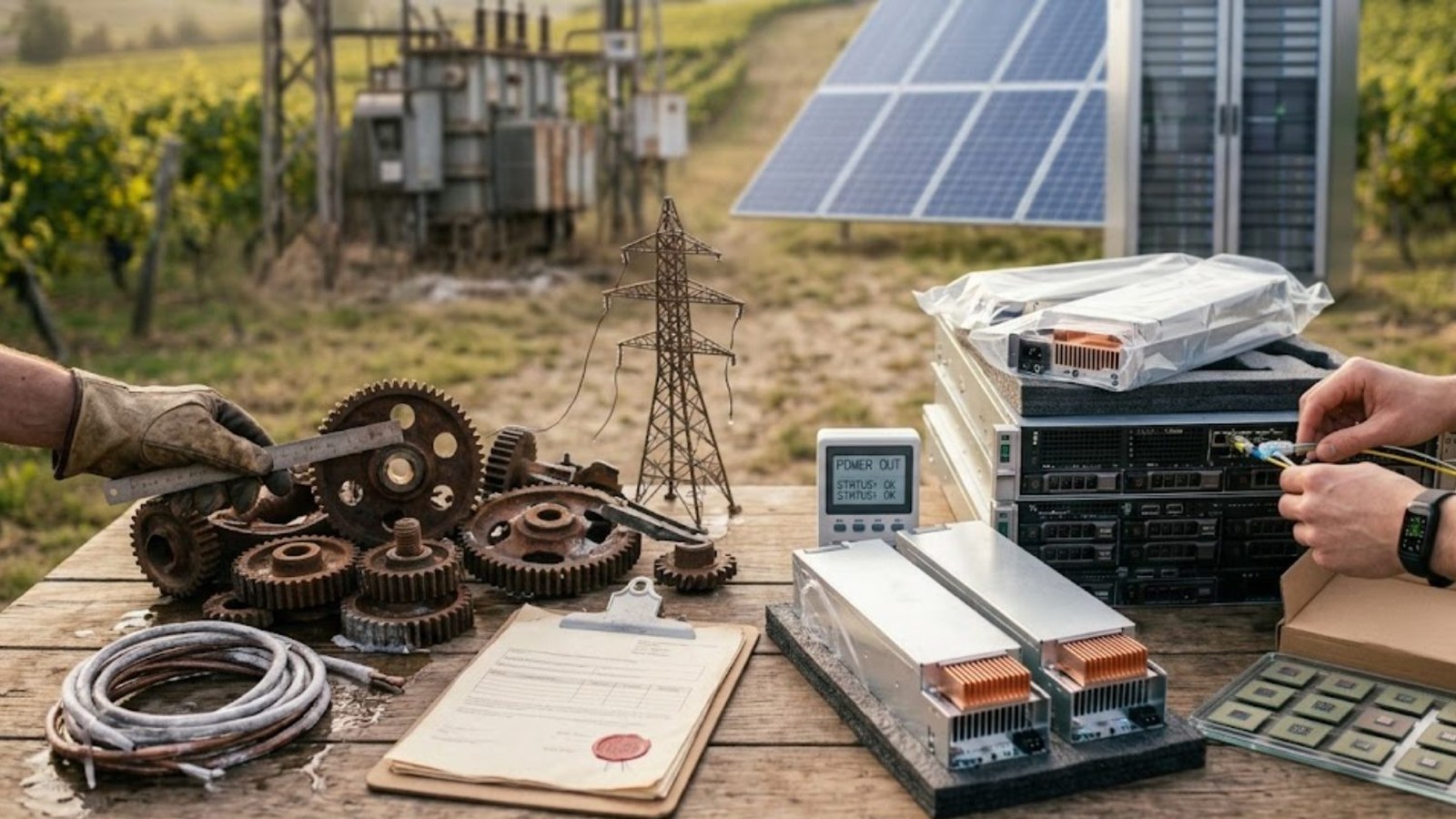 Rusted antique gears and coiled wire sit beside sleek modern electronic modules and a server rack on a weathered outdoor workbench, a hand plugging in a cable.
