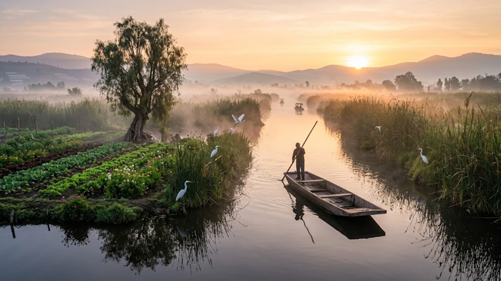 A wooden barge poled through the reed-lined canals of Xochimilco at dawn, a farmed terrace with green rows beside the water, white herons in soft mist.