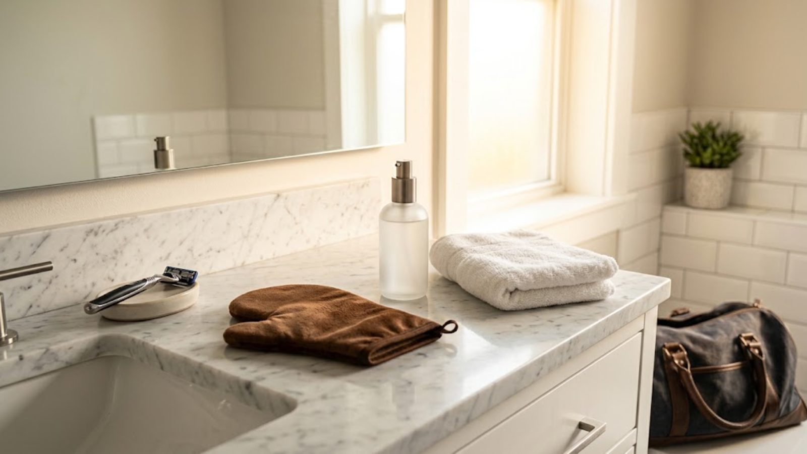 A bathroom vanity in morning light with a tanning mitt, a frosted mist bottle and a folded white towel on marble.