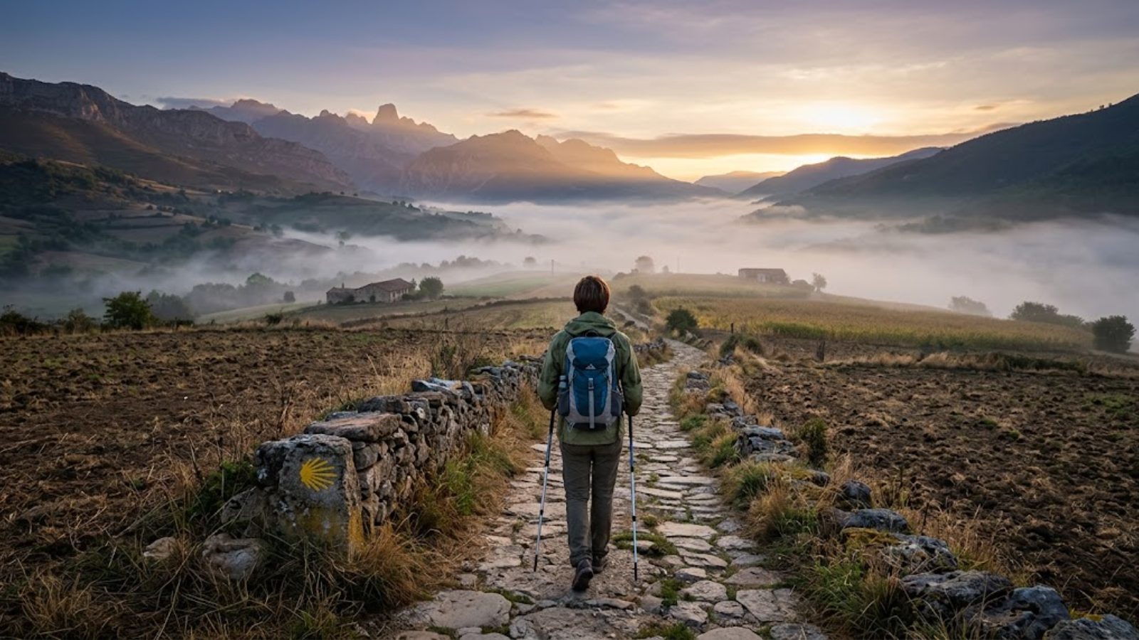 A mountain road switchbacking down toward a valley filled with cloud at sunrise — one foot, then the other.