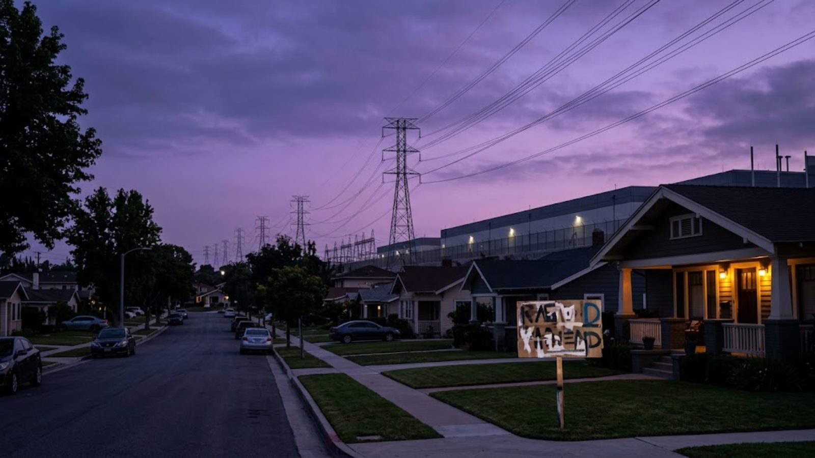 Transmission towers marching toward a data-center campus at dusk, cooling vapor rising from its roofs — the argument is about this photograph.