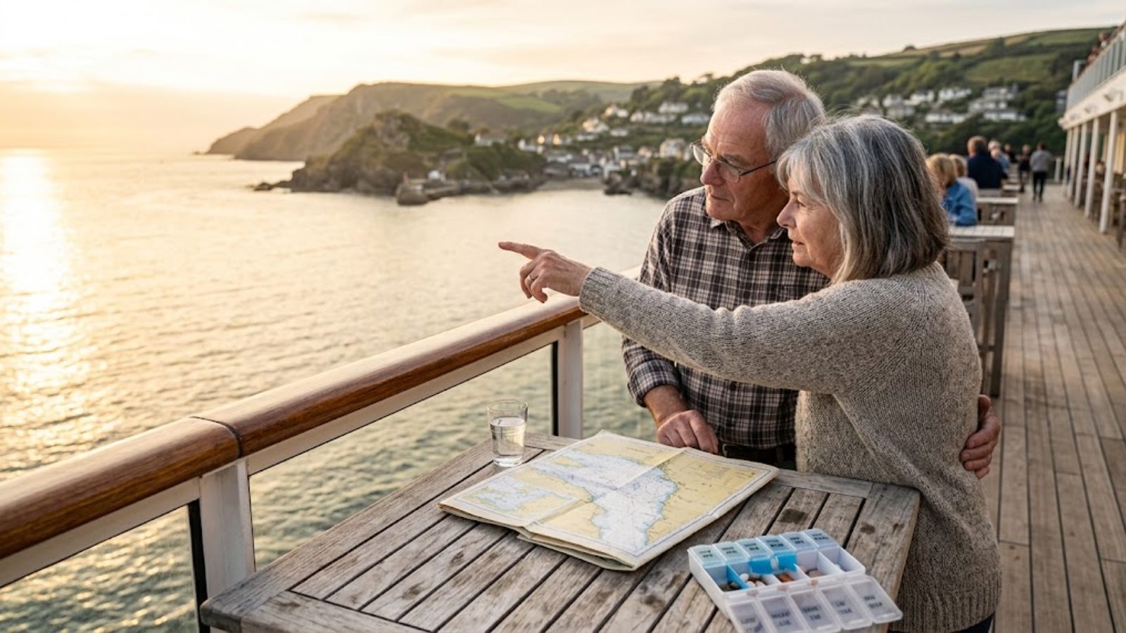 An older couple at the rail of a cruise ship at golden hour, one steadying the other’s arm and pointing at the coast, a folded map and a pill organizer on the table beside them.