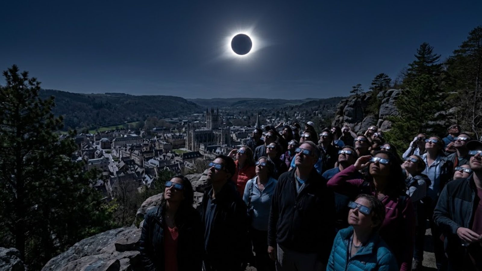A cliffside crowd in eclipse glasses looking up at a darkened midday sky with the corona visible, a cathedral town in the valley below.