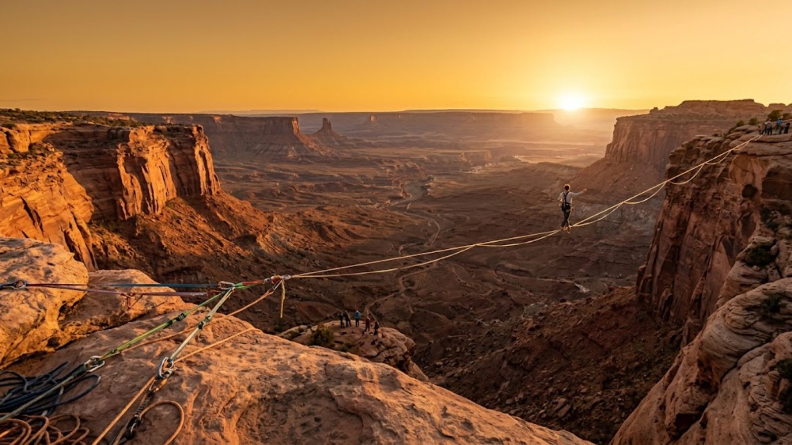 A guided highline stretched across a red-rock canyon near Moab at golden hour, a harnessed walker mid-span seen from a distance, safety lines visible.