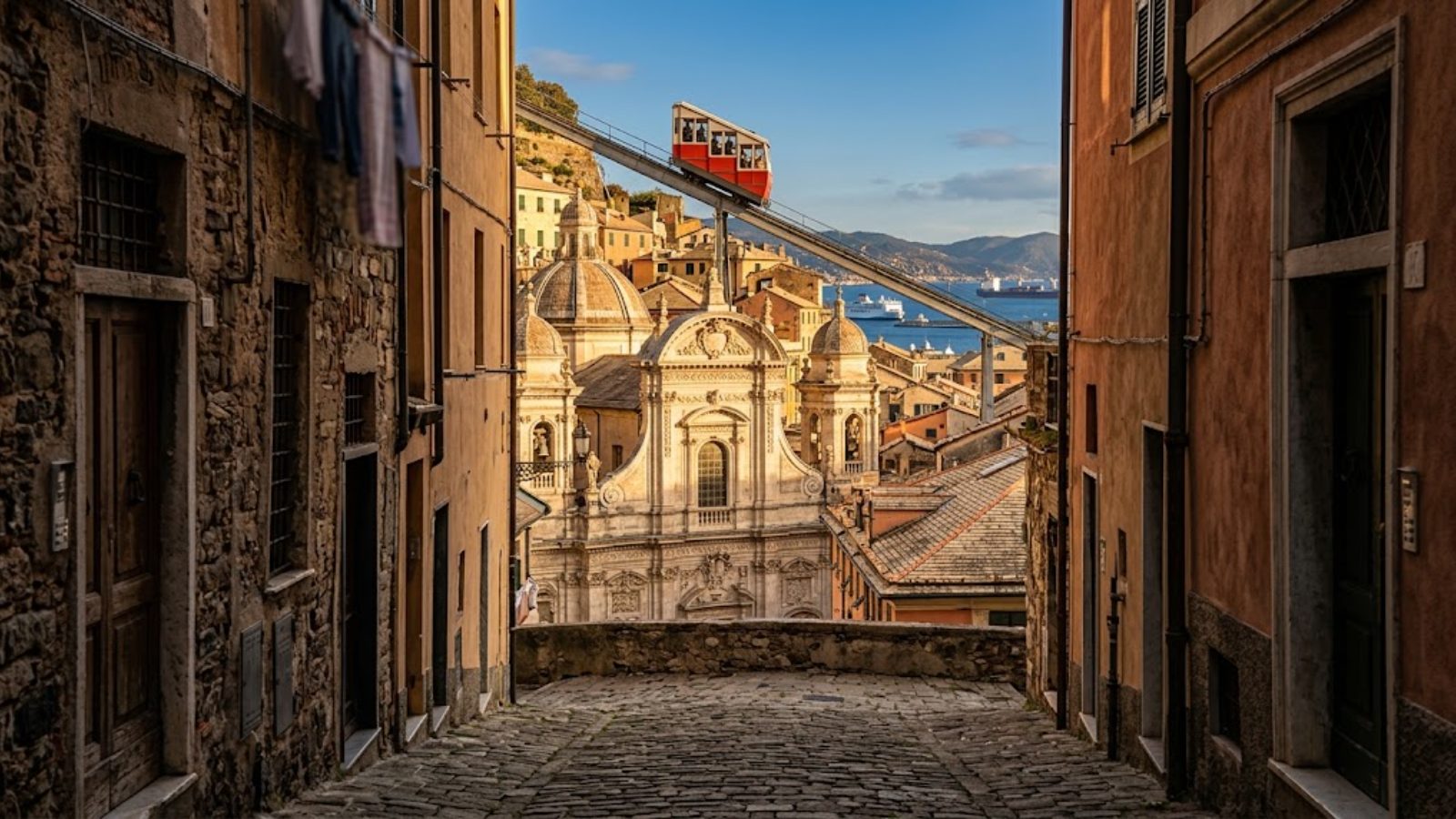 A narrow medieval alley in Genoa opening onto a Baroque church facade, a funicular cabin climbing above terracotta roofs and the harbor.