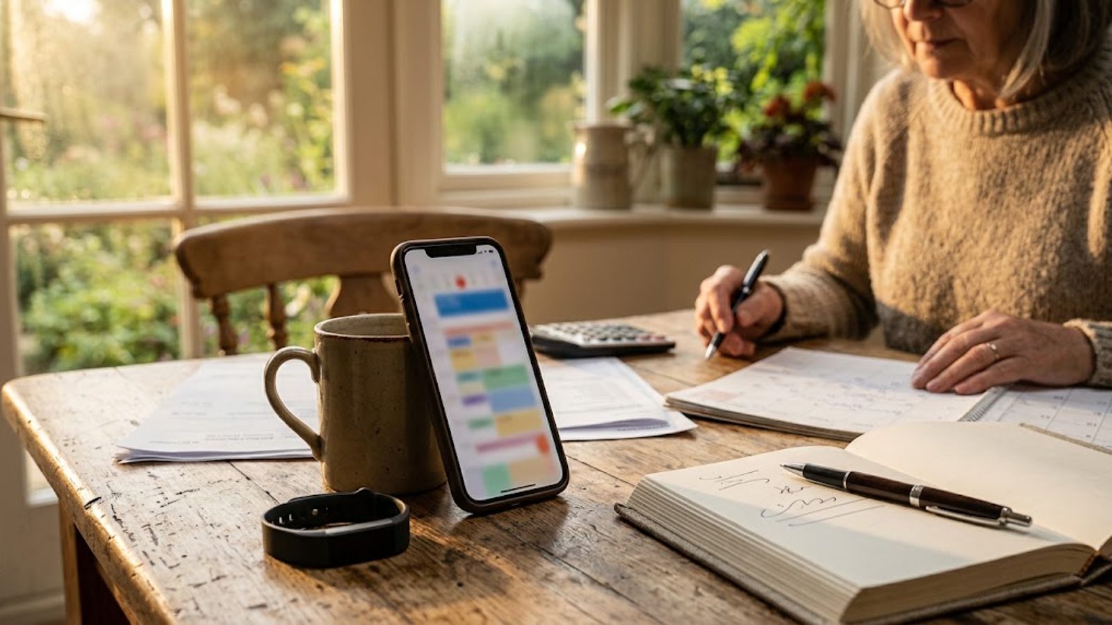 A smartphone propped against a coffee mug on a kitchen counter at sunrise, a fitness band beside it, a notebook and pen.