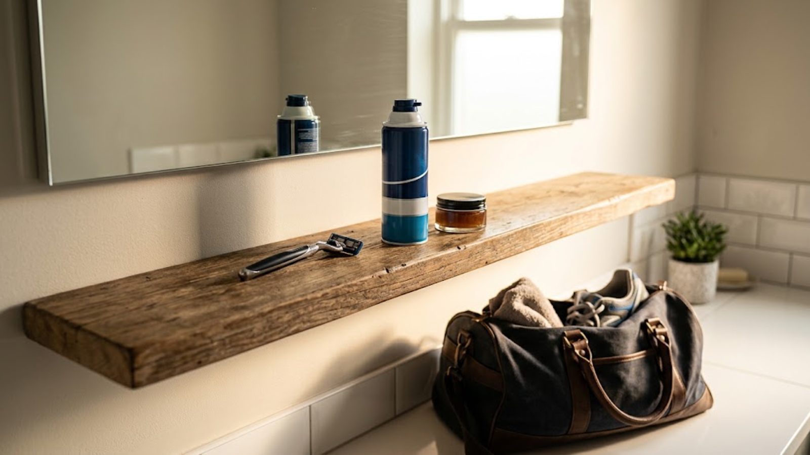 A bathroom shelf with a razor, a can of shaving foam and a tub of pomade lined up under a mirror, a gym bag on the floor.