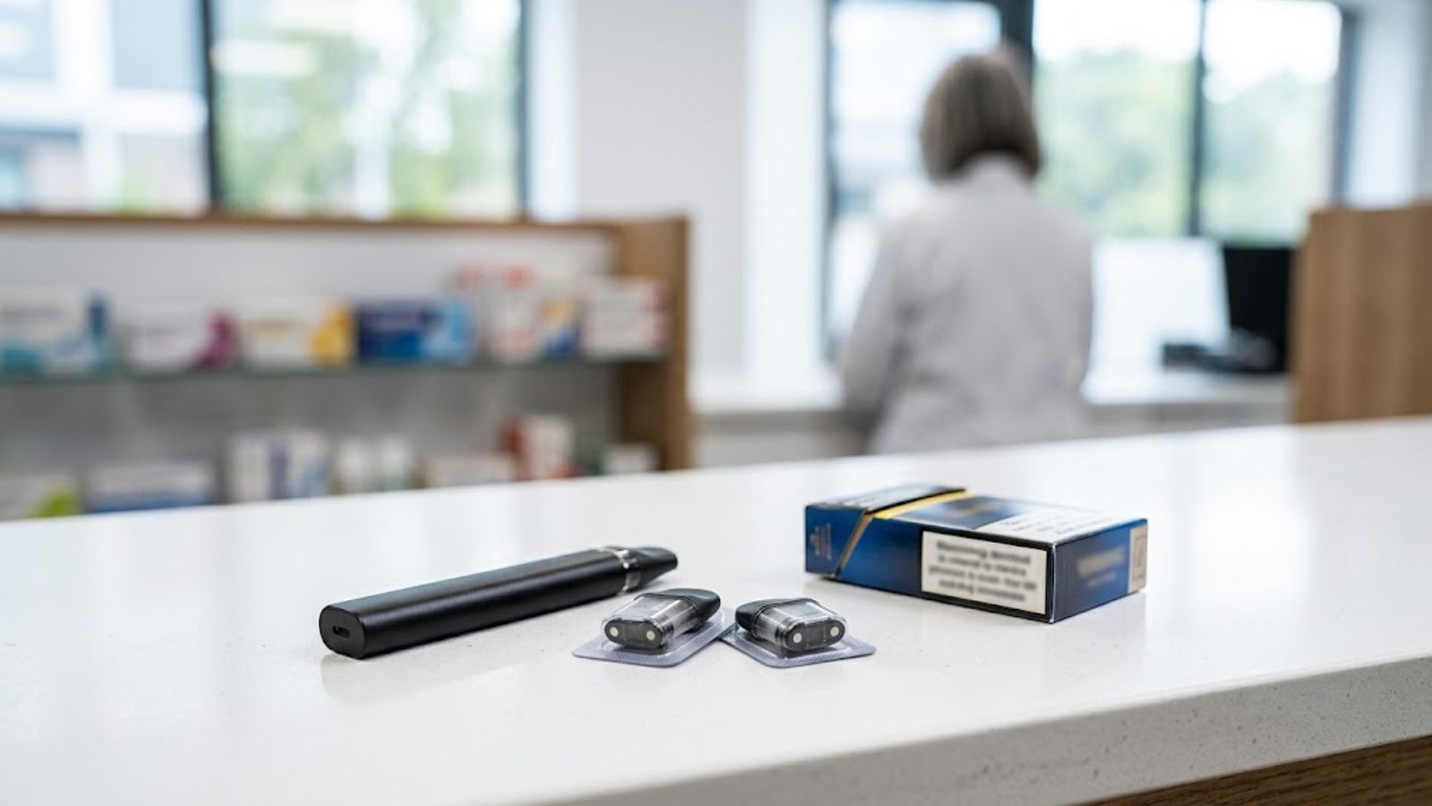 A pharmacy counter at eye level with a single sleek vaping device and two sealed pods beside a pack of cigarettes turned away from the camera.