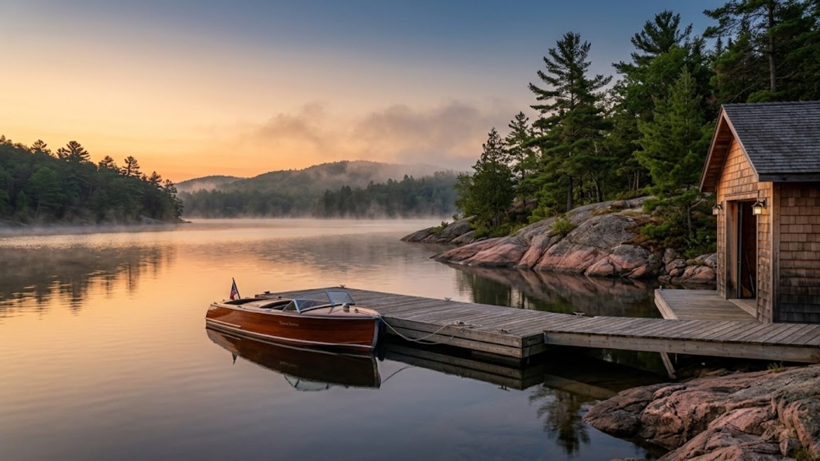 A cedar boathouse and dock on a still Ontario lake at dawn, a wooden runabout tied up, pines and granite shoreline in mist.