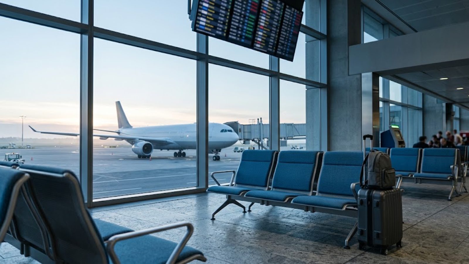 An airport departures gate at dawn with a widebody jet at the jet bridge outside the window, an empty row of seats and one carry-on suitcase.