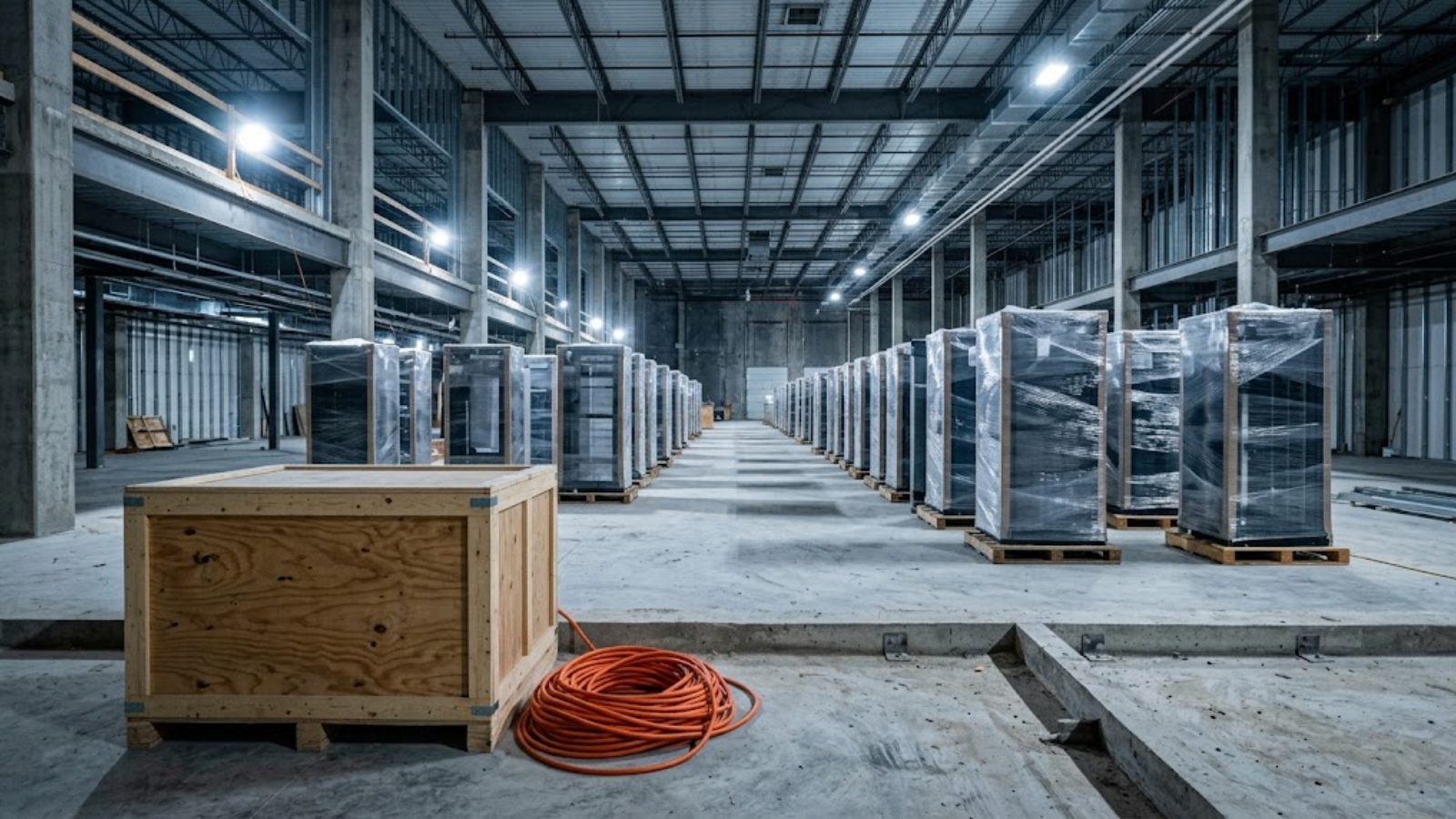 Rows of shrink-wrapped server racks on a bare warehouse floor before installation &mdash; capacity ordered before anyone has paid for it.