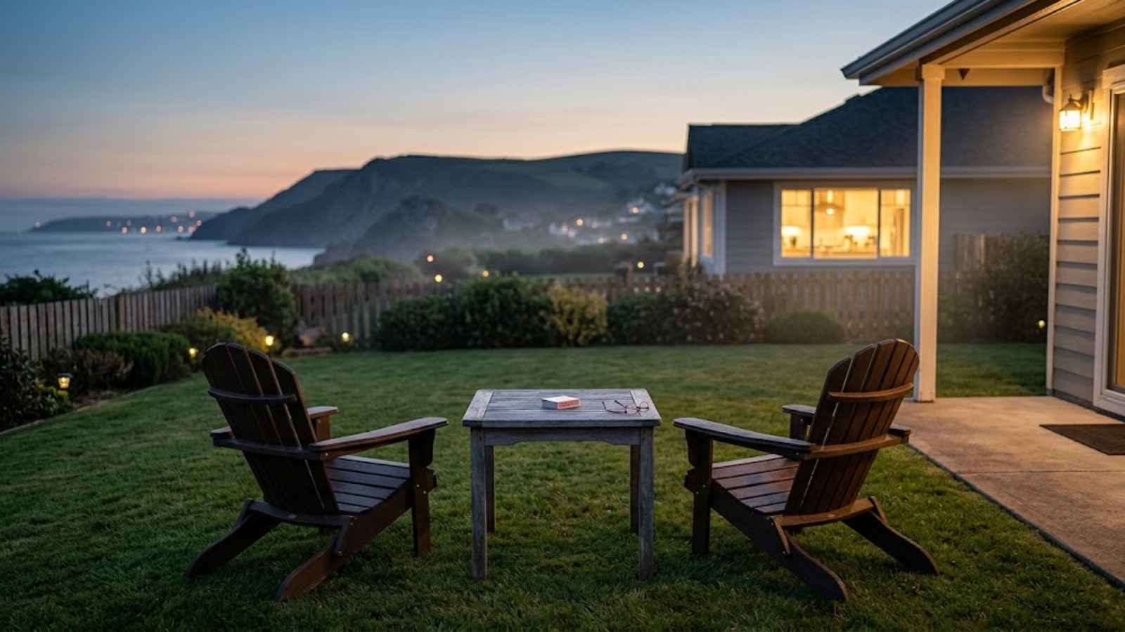 Two chairs on a lawn at dusk in a retirement community, a card table with a deck of cards and reading glasses, a neighbor’s lit kitchen window beyond the fence.