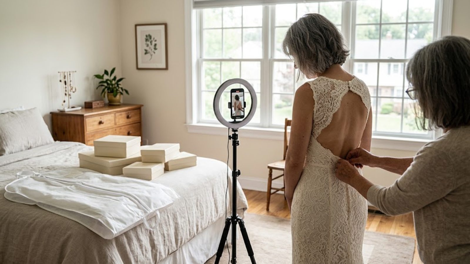 A bride seen from behind at a fitting in a bright bedroom, a phone on a tripod filming her, gift boxes and a garment bag on the bed.