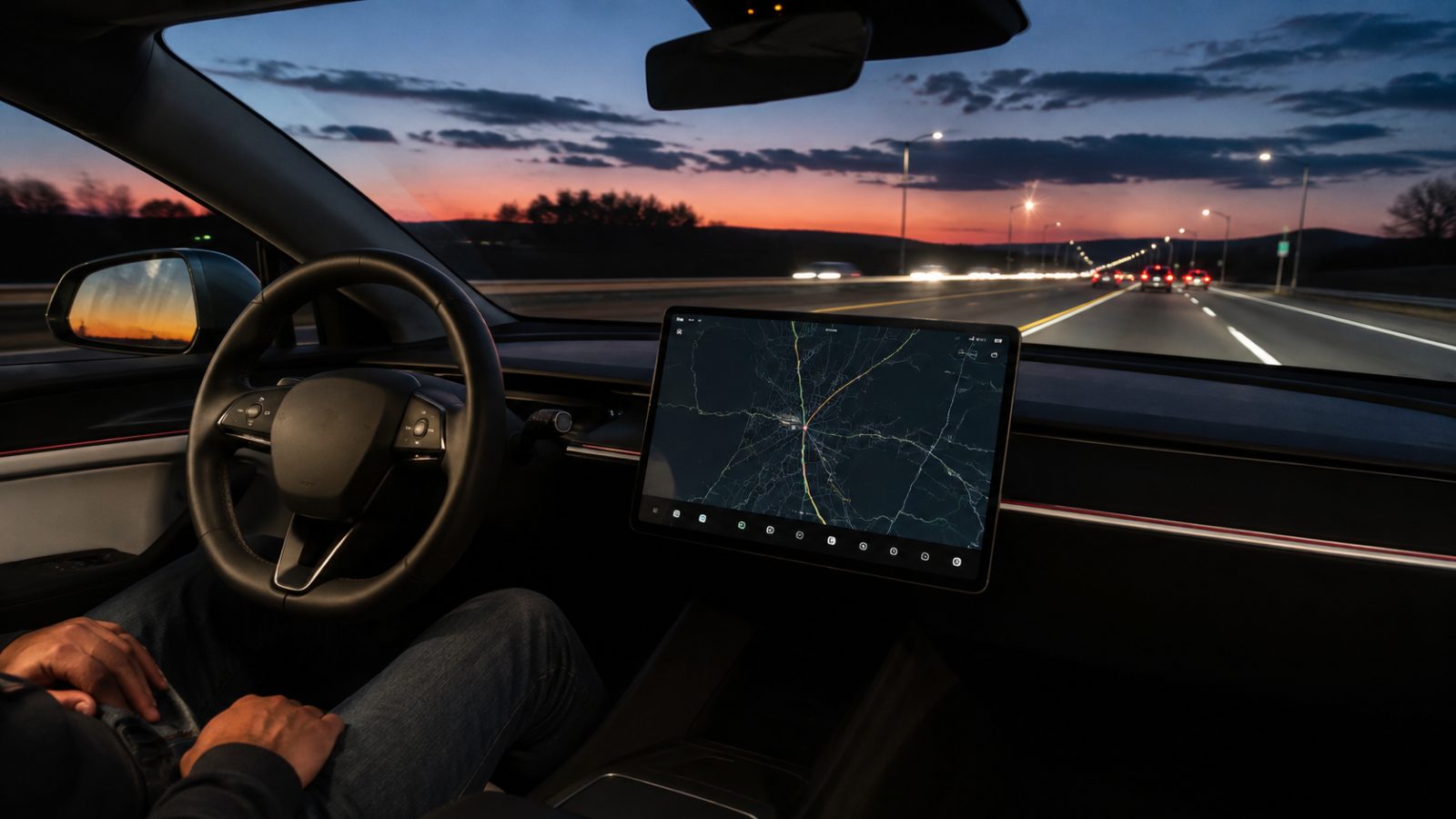 A dark electric SUV parked at the edge of a still alpine lake at dusk, its light bar reflected in the water — the hardware is good; the software is the sale.