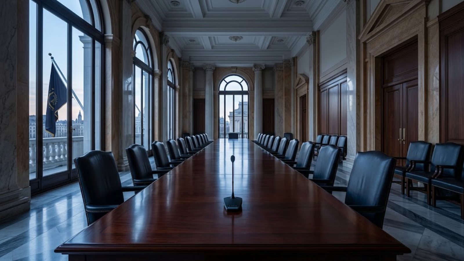 An empty marble boardroom with a long table and a flag by the window &mdash; the room where the September decision gets made.