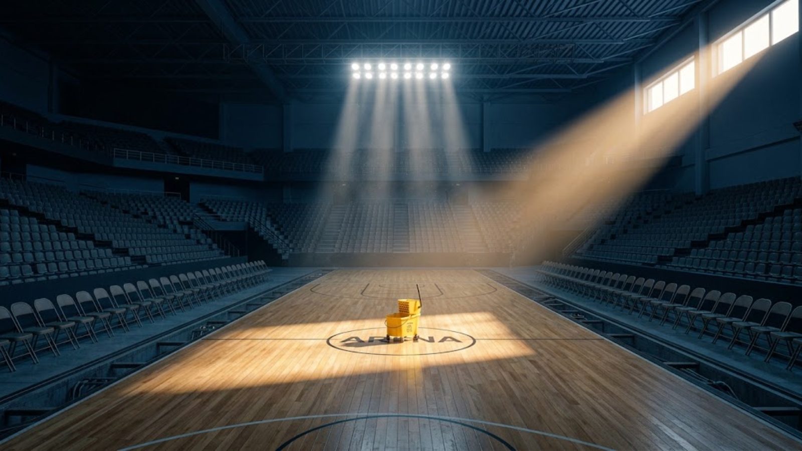 An empty arena at night seen from the upper bowl, the hardwood court lit by a single bank of house lights with folded chairs at center court.