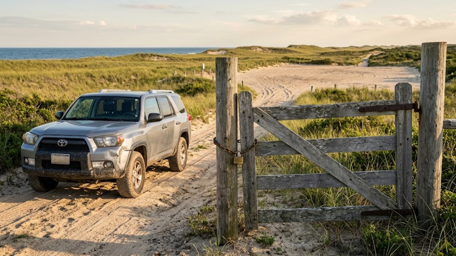 A weathered wooden gate with a padlock stands open onto a sandy track and an empty beach parking lot, a dented SUV in the foreground.