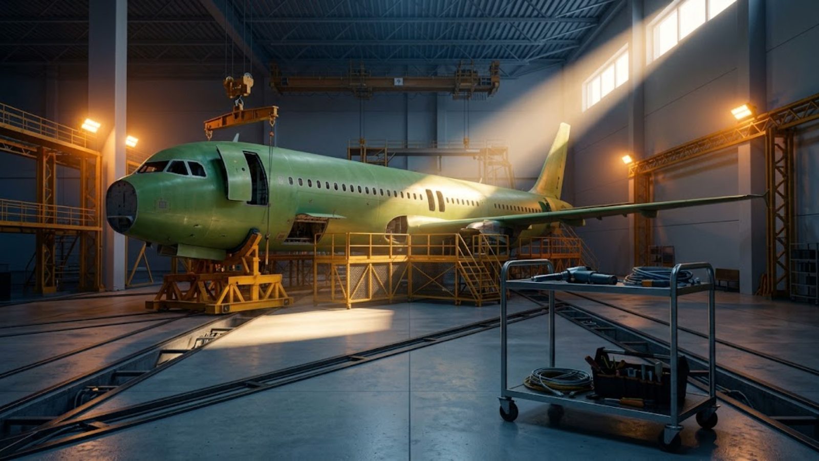 An unfinished narrow-body jet fuselage in green primer resting on yellow cradles inside a cavernous assembly hangar at night.