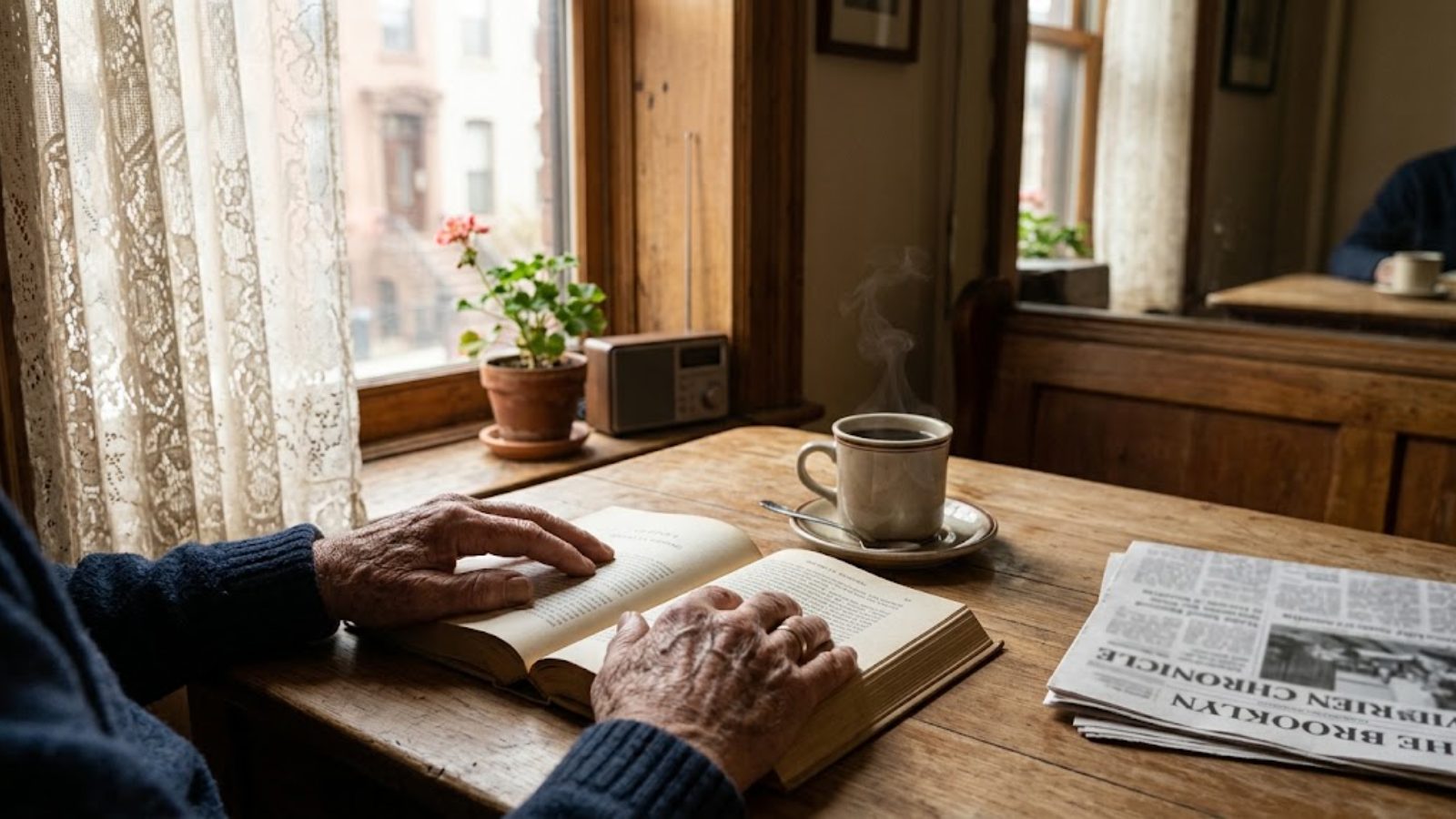 An older man&rsquo;s hands resting on an open hardcover book at a sunlit kitchen table beside a cup of coffee and a folded newspaper.