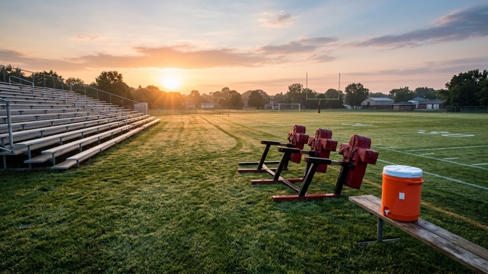 A high-school football field at dawn with empty bleachers, dew on the turf and a row of blocking sleds waiting at the sideline.