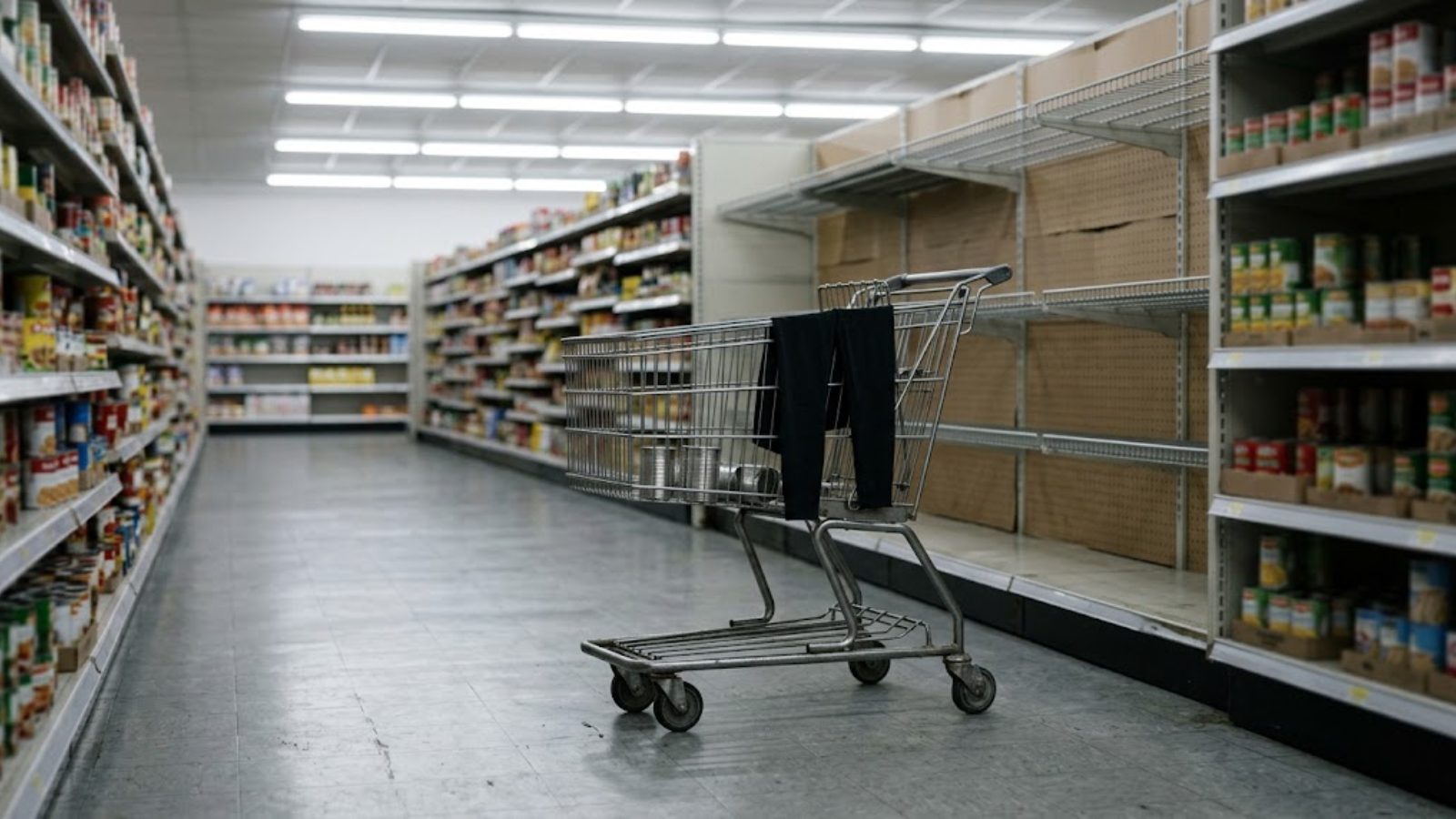 A shopping cart holding a few cans of soup and a folded pair of black leggings sits in an empty supermarket aisle under fluorescent light.