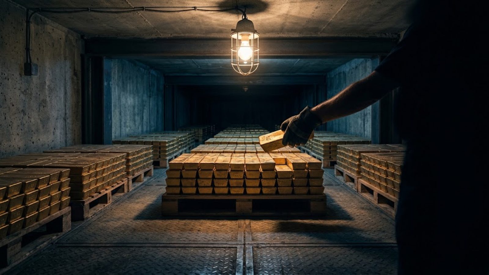Rows of gold bars on steel pallets in a dim underground vault, one bar lifted into the light of a caged work lamp.