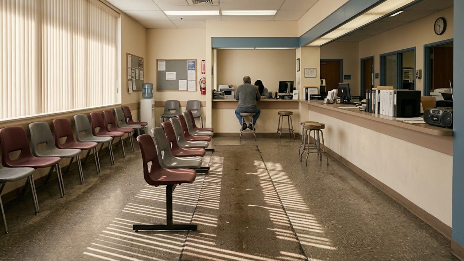 A nearly empty workforce office at midmorning, one applicant waiting on a molded plastic chair beneath a wall clock, sunlight striping a linoleum floor.