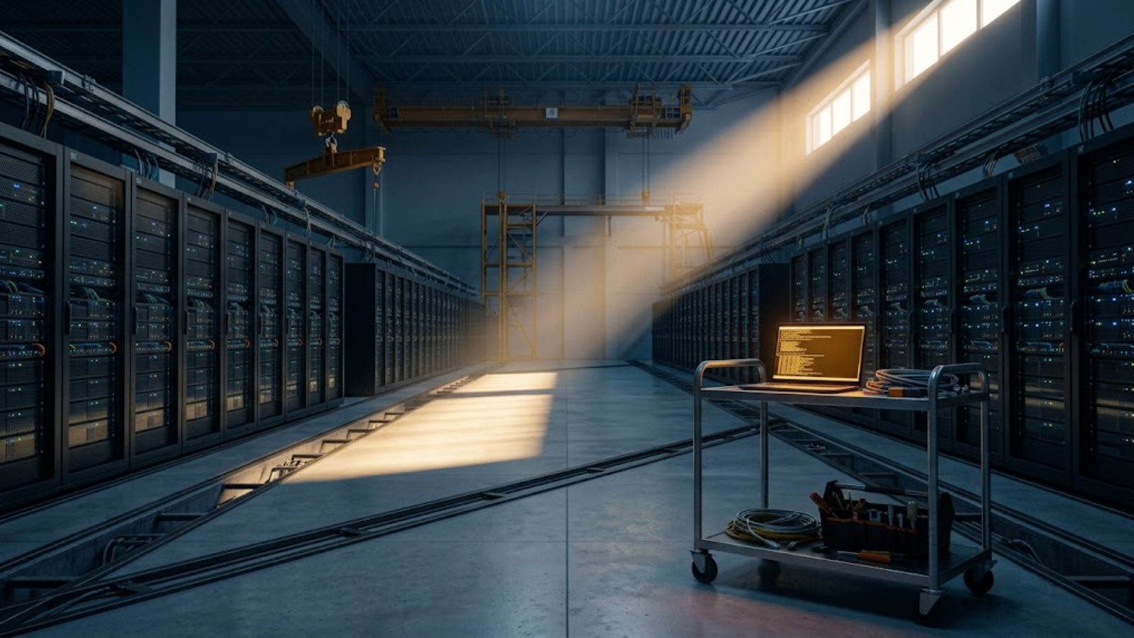 A dim data-center hall at dawn with rows of server racks receding into blue light and a single open laptop glowing on a cart in the foreground.
