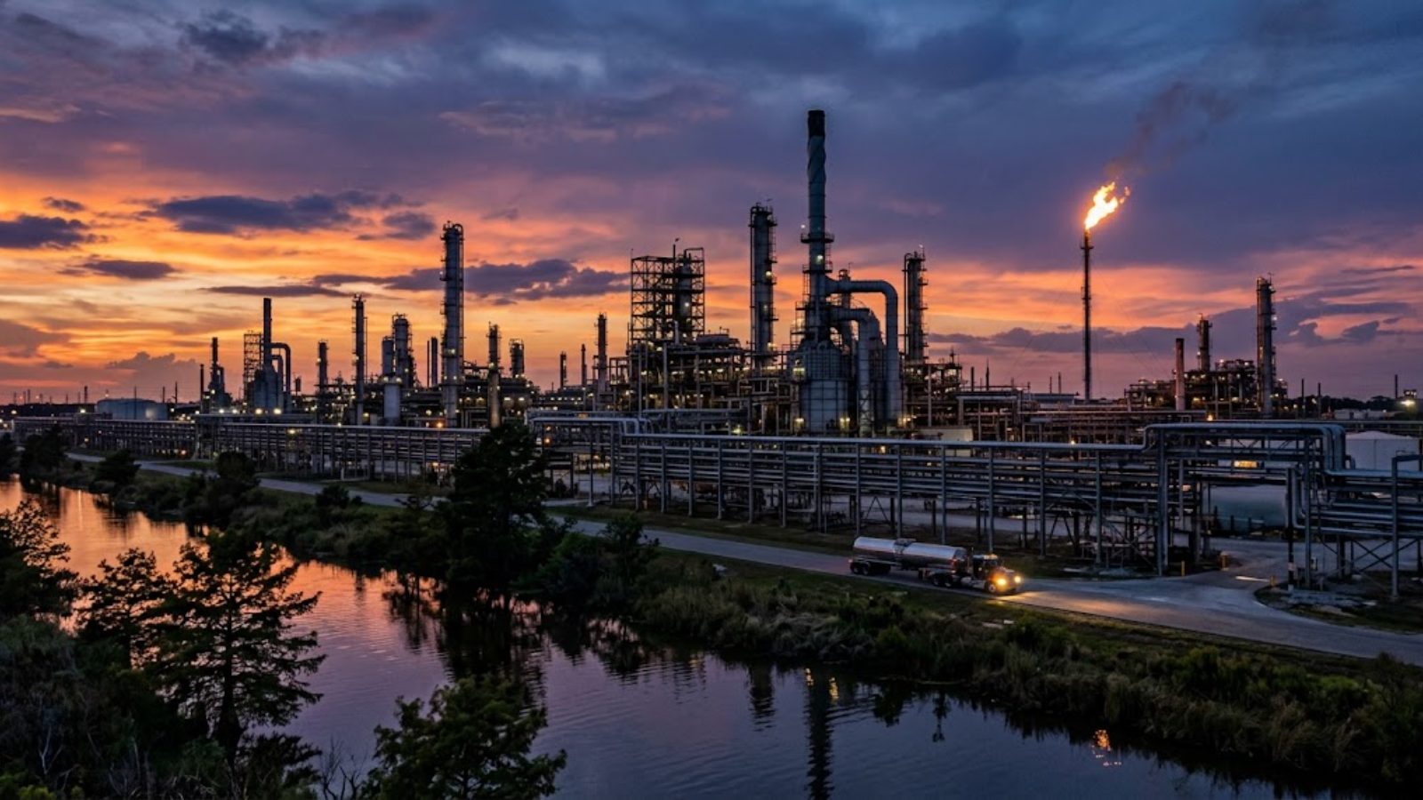 A Gulf Coast refinery at dusk, distillation towers and a flare stack lit against an orange sky, pipe racks running toward the horizon.