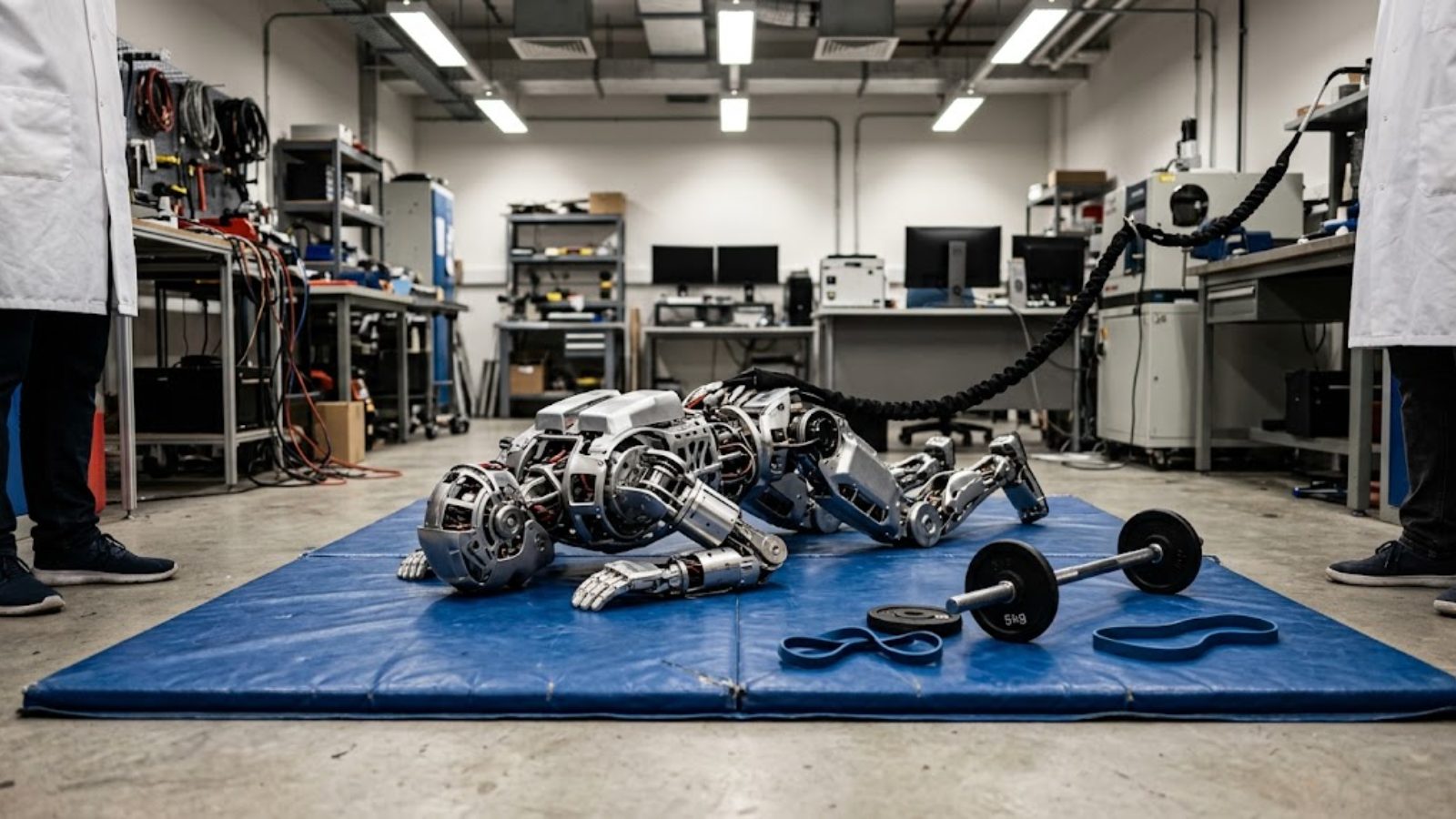 A humanoid robot lies face-down on a gym mat beside a small barbell while two technicians stand over it.