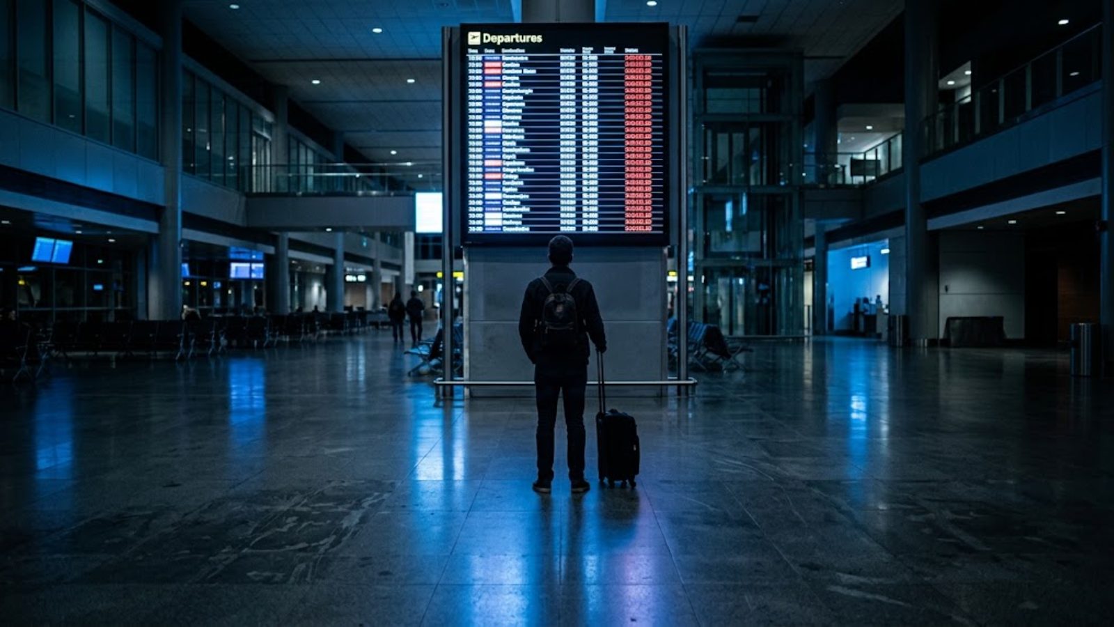 A departures board glowing with a long column of cancellations in a dim, half-empty terminal, one passenger reading it with a phone in hand.