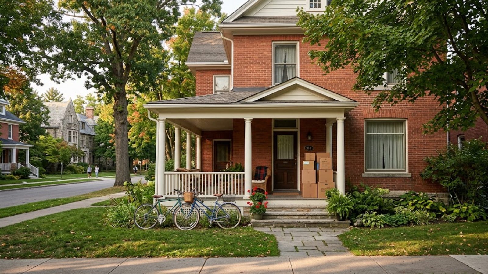 A brick house with a deep front porch on a tree-lined street a block from a college quad, bicycles leaning on the railing in early-autumn light.