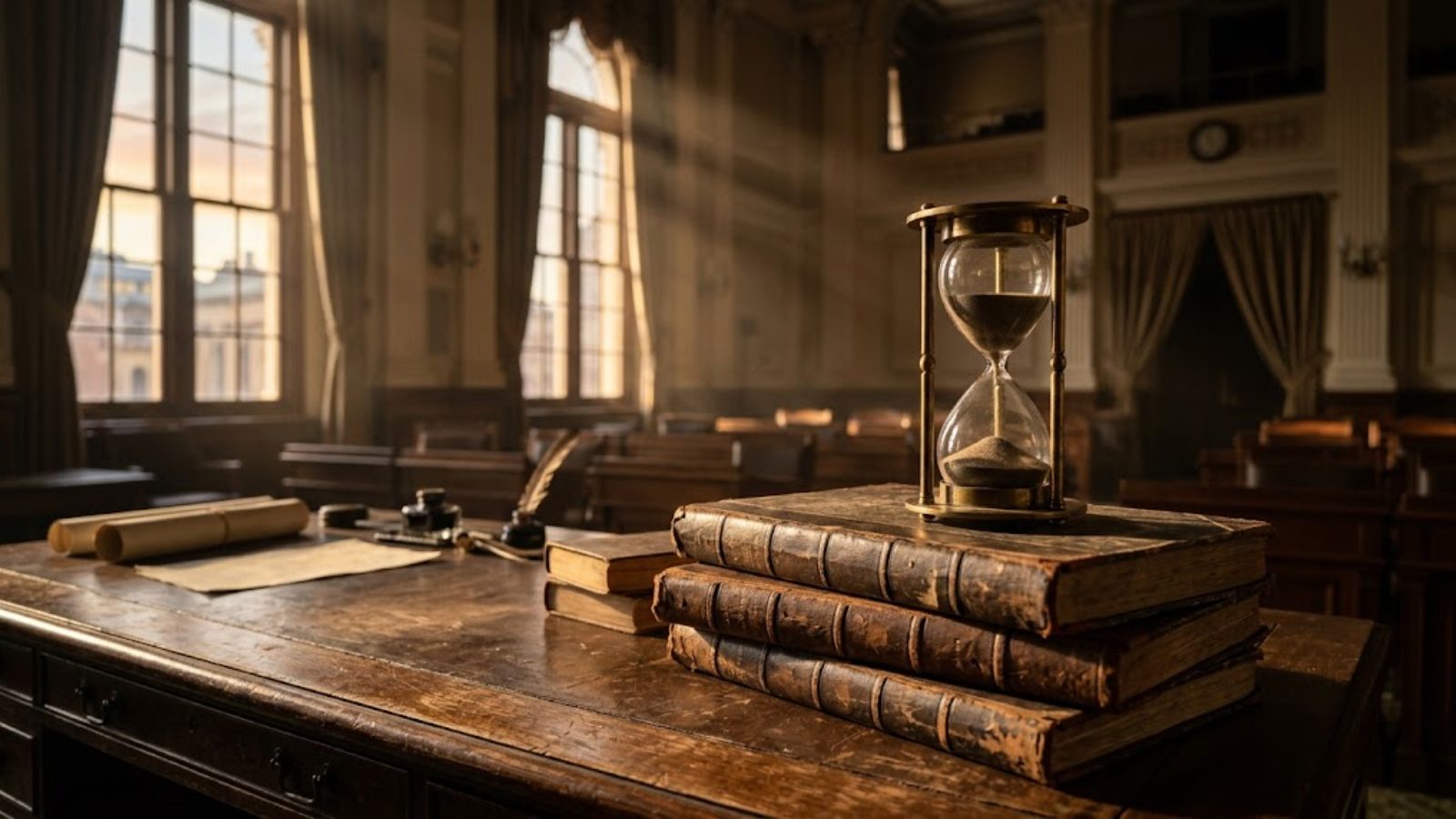 A brass hourglass with most of its sand run through stands on a stack of leather-bound ledgers on a broad desk in an empty government chamber.
