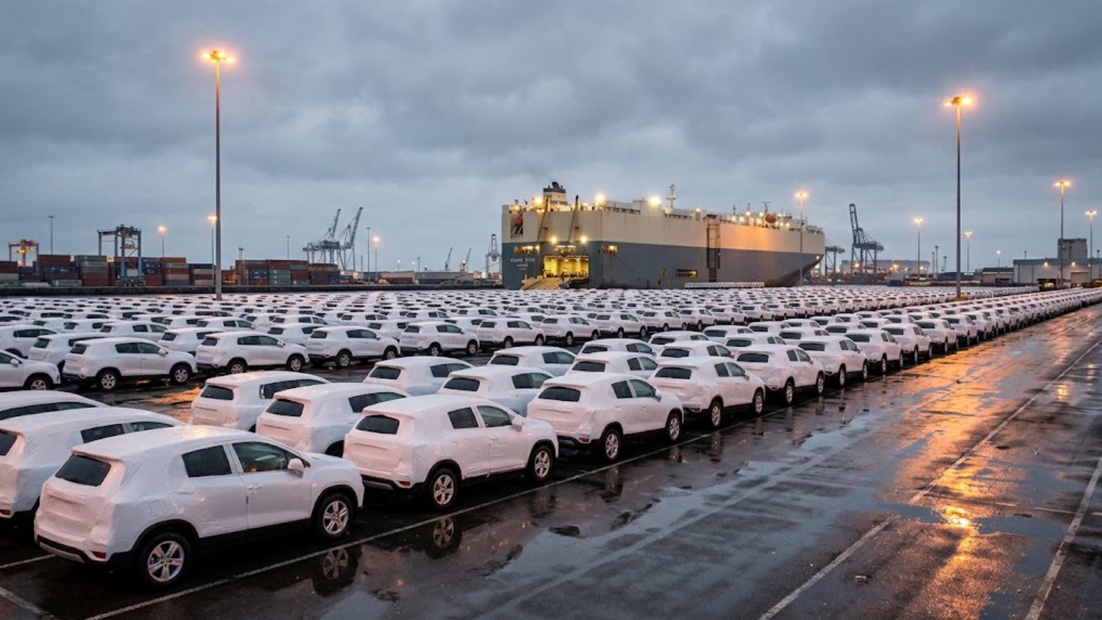 Rows of new imported SUVs wrapped in white protective film on a port lot beside a moored car-carrier ship at dawn.