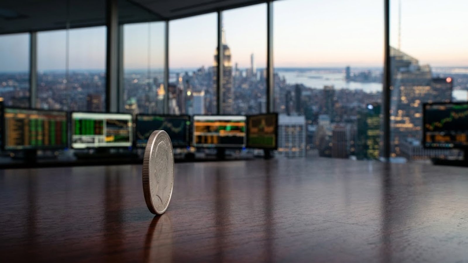 A single silver coin standing on its edge on a trading desk at dawn, monitors glowing green behind it.