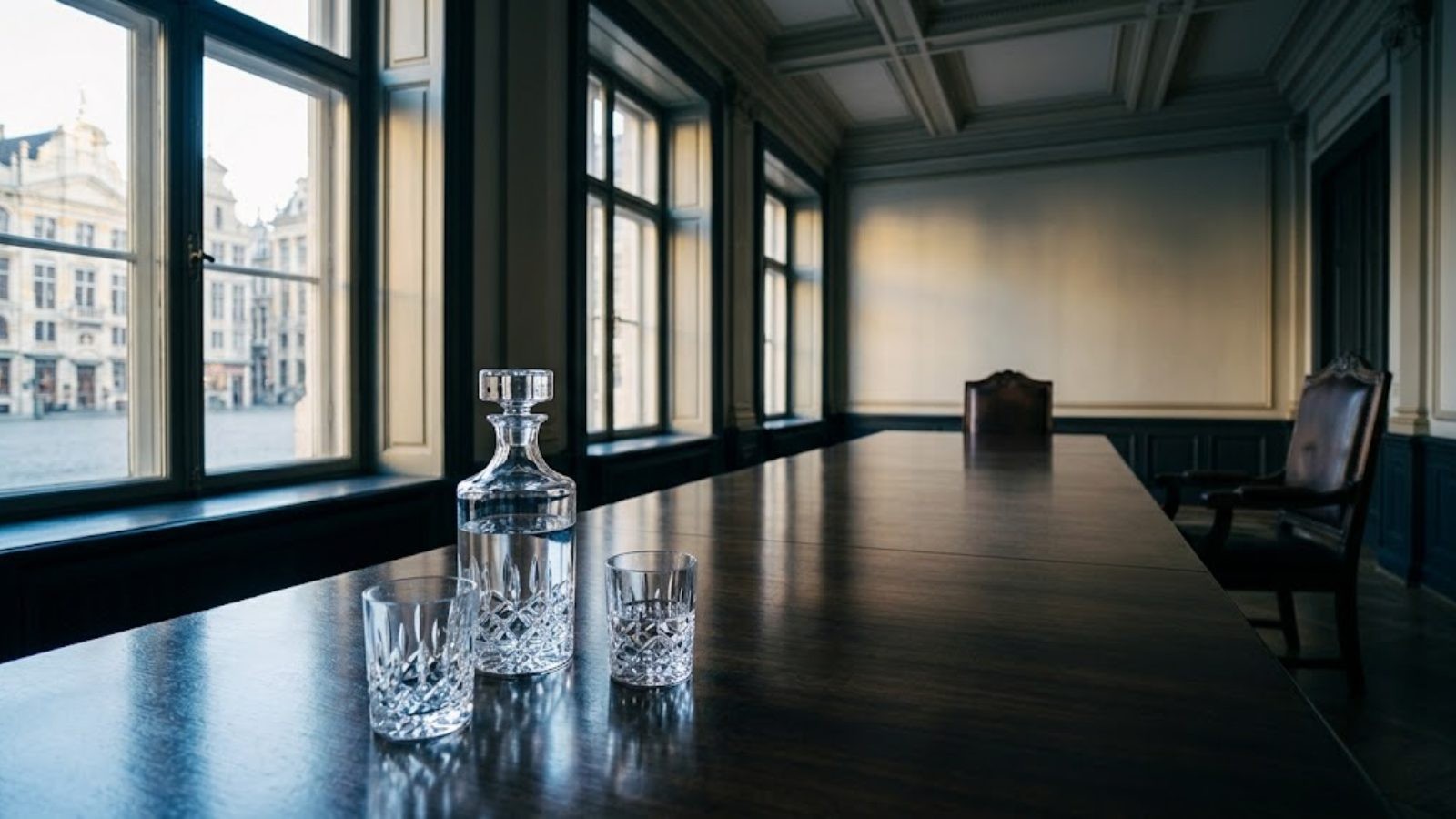 A long empty conference table beside a wall of north-facing windows in grey daylight, one chair pulled slightly back from the others.