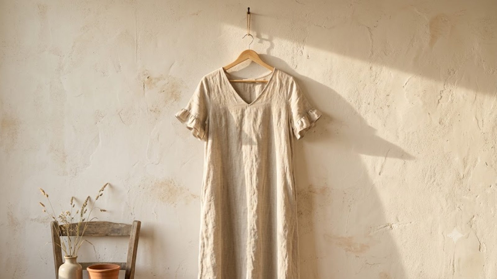 A rack of cotton oxford shirts and cable-knit sweaters in a bright coastal shop, worn wooden floor, sunlight through the window.
