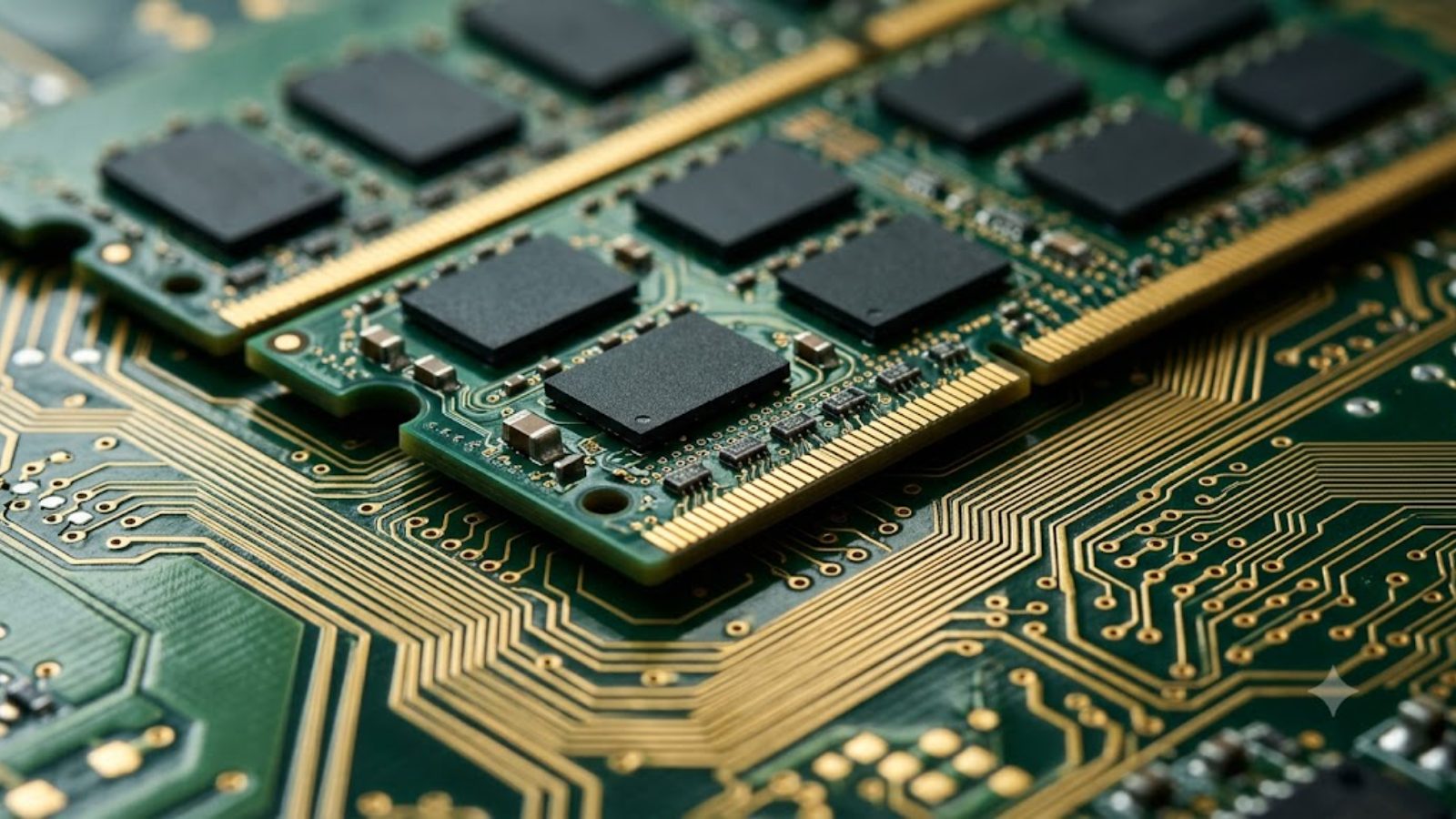 A close-up of a memory module, black chips and gold contacts on a green circuit board