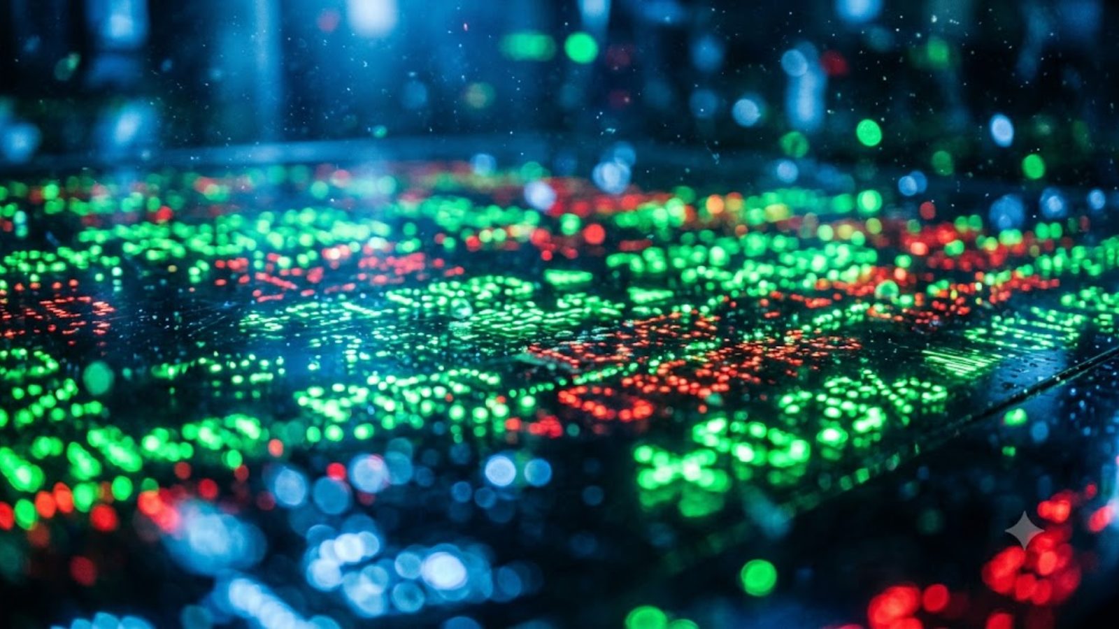 A close-up of a glowing electronic market board, rows of green and red lights blurring out of focus