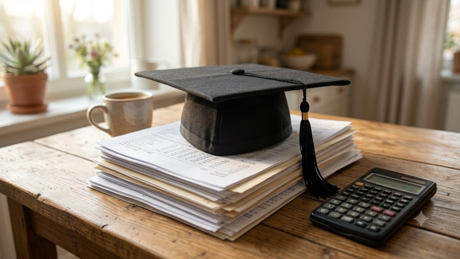 A graduation cap resting on a thick stack of papers beside a calculator on a wooden desk
