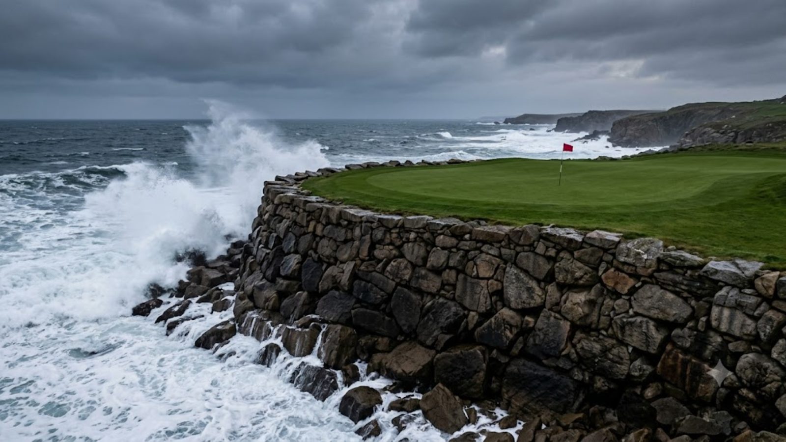 Waves breaking against a stone seawall below a manicured seaside golf green with a flagstick, heavy grey surf beyond
