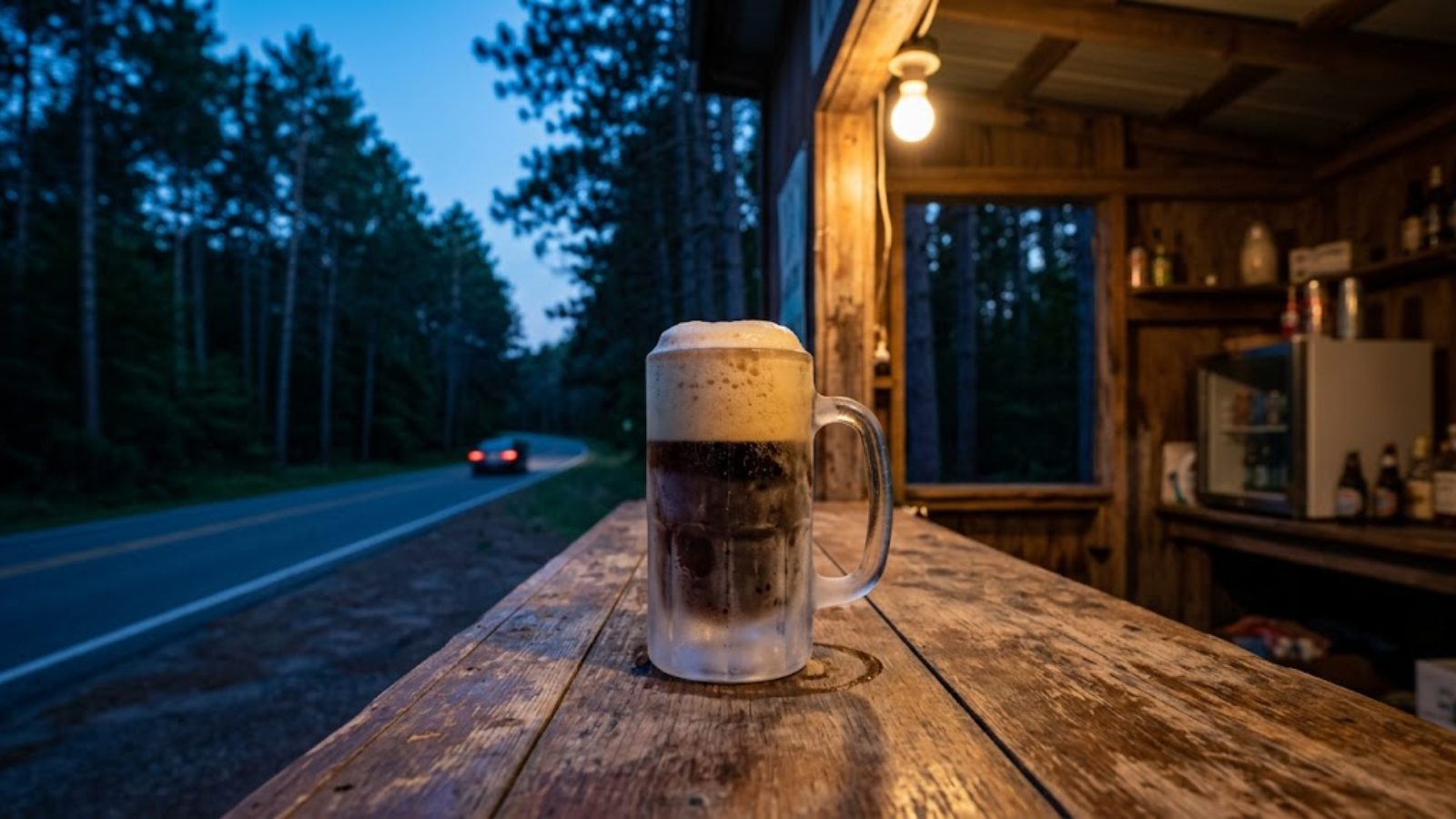 A frosted glass mug with a foamy head on a wooden table in a rustic tavern, a road and trees through the window
