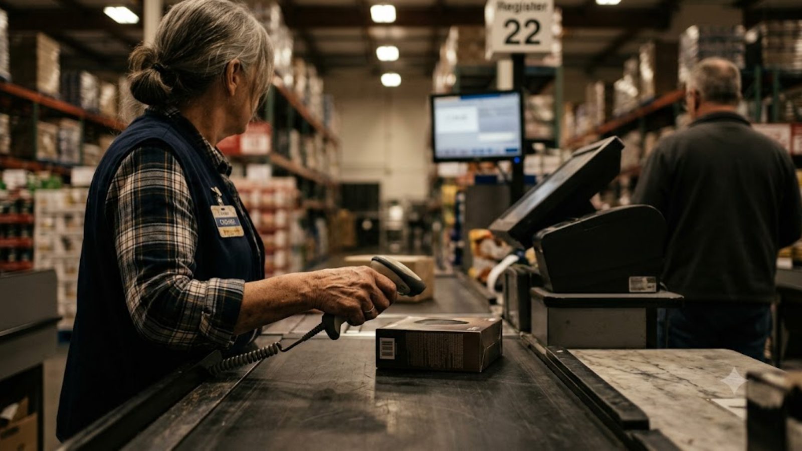 A warehouse-store worker scanning an item at a register, stacked merchandise and aisle signs behind her