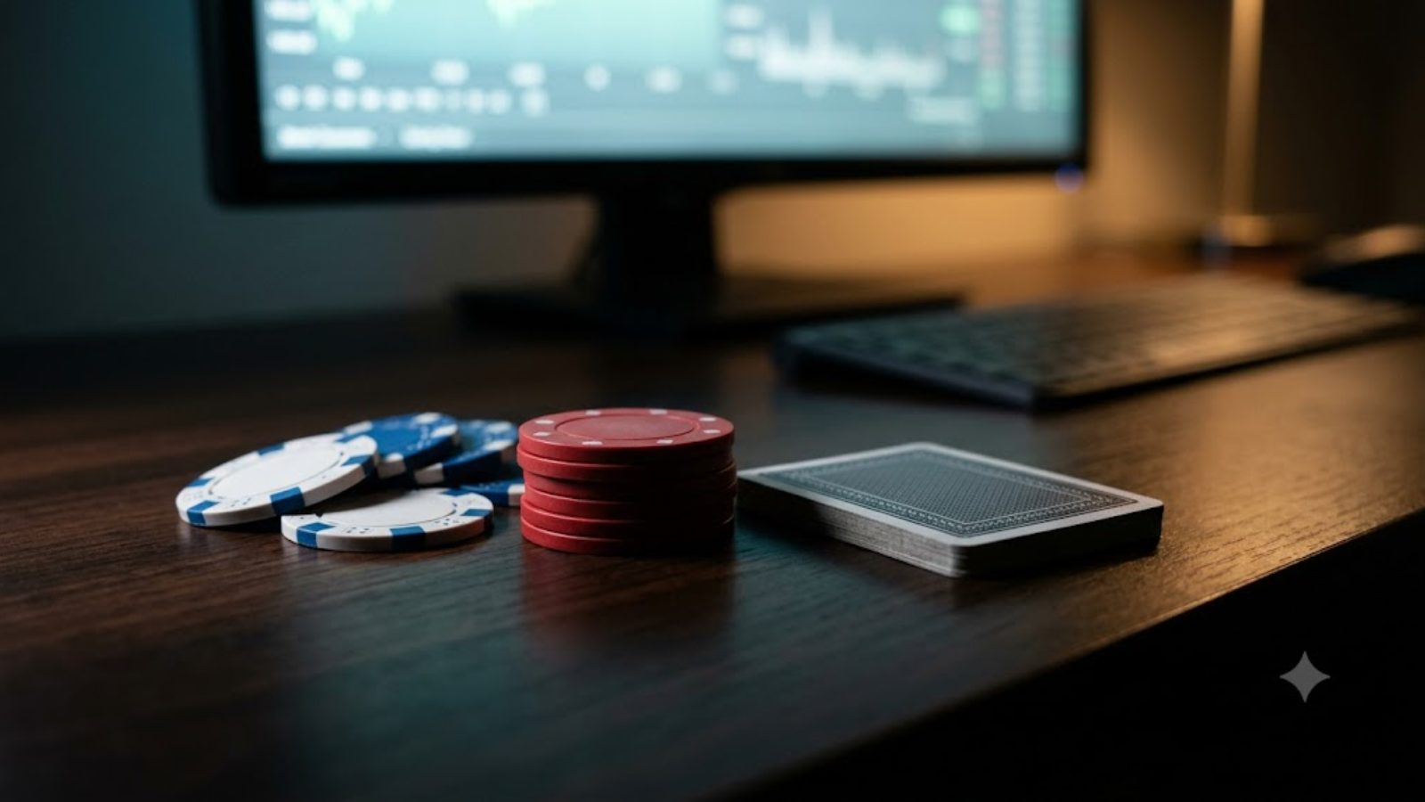 Stacks of poker chips and a deck of cards on a dark desk in front of a glowing monitor