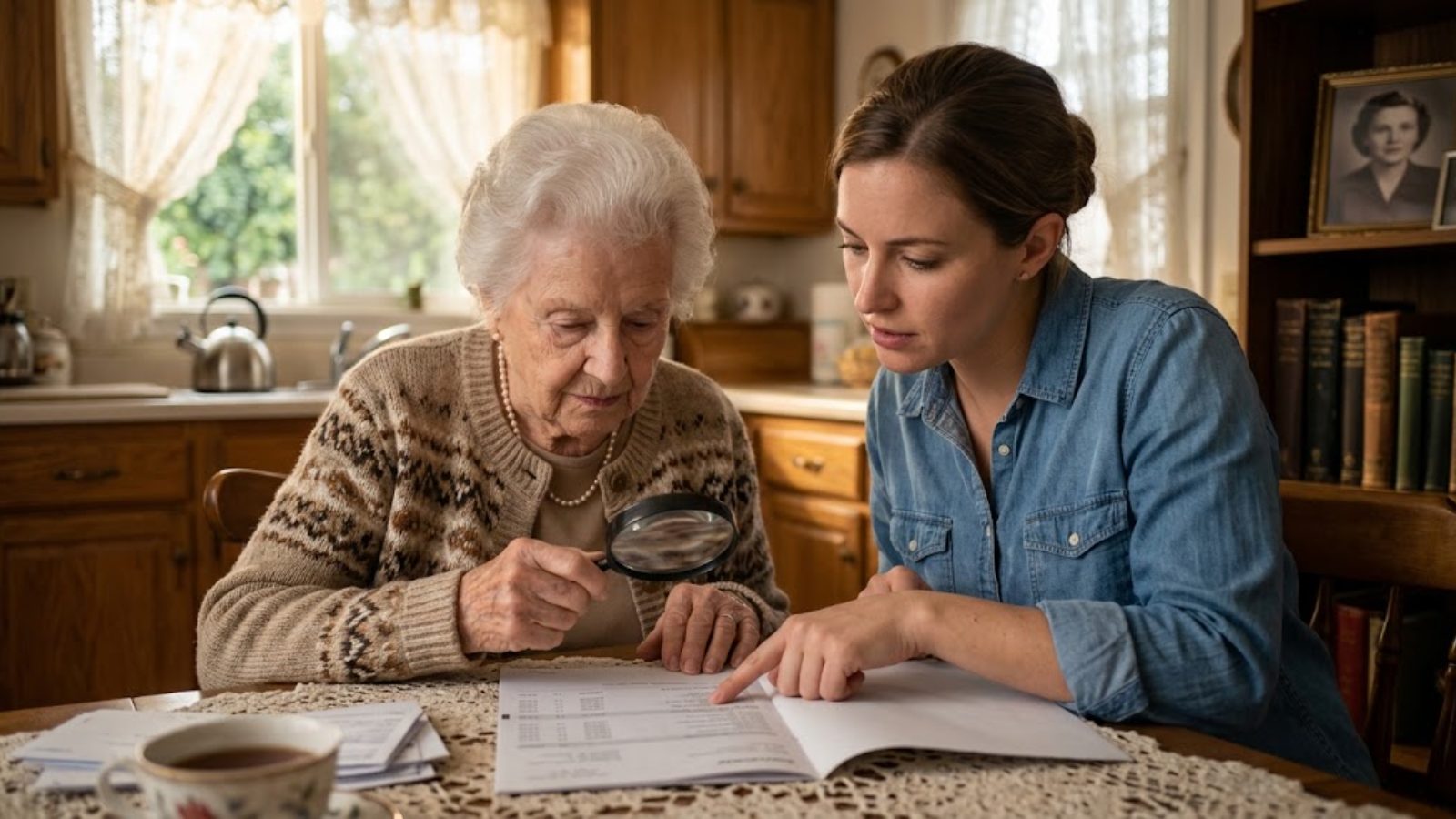 An elderly woman reading a document through a magnifying glass at a kitchen table while a younger woman beside her points to the page