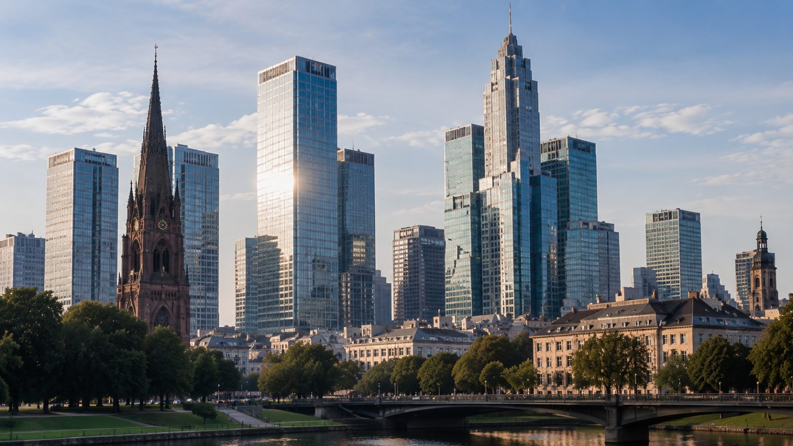 A European city skyline of glass towers beside a Gothic cathedral spire, trees and a bridge in the foreground